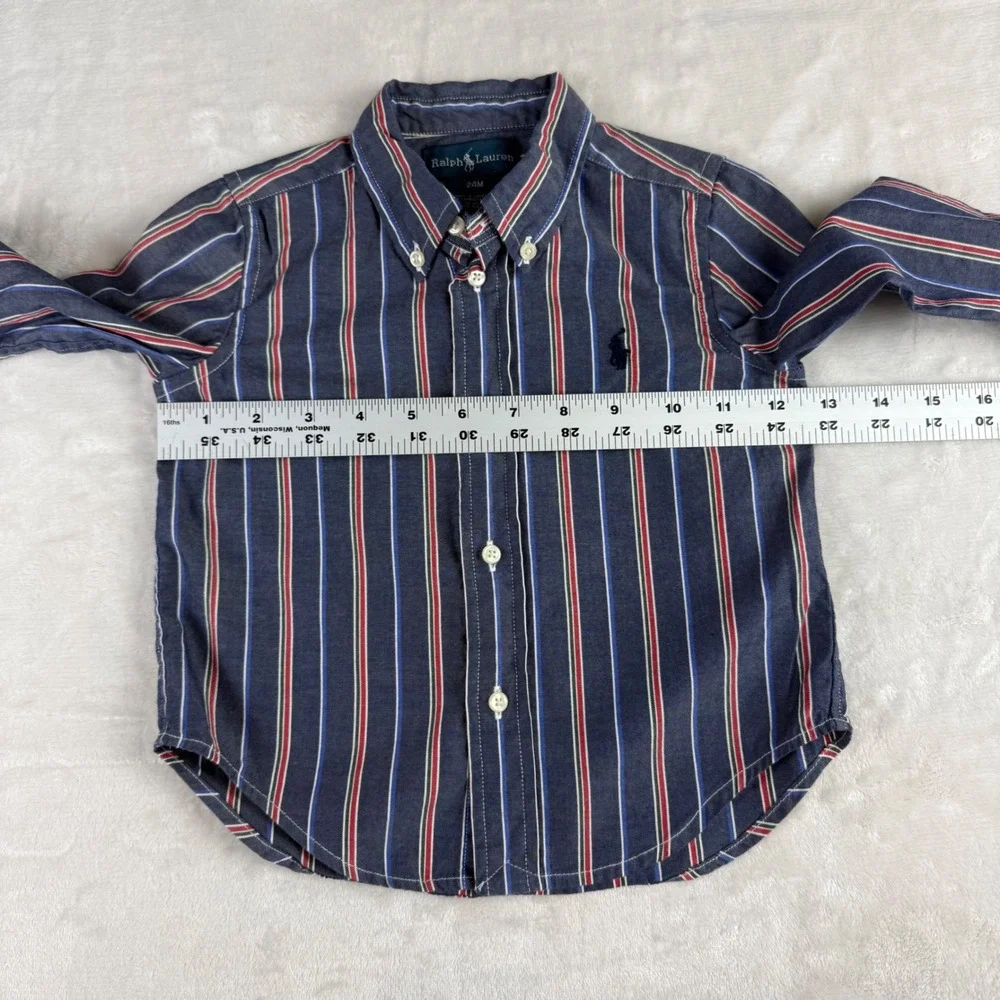Ralph Lauren‎ Button Down Shirt Kids 24M Navy Blue Striped Preppy Long Sleeve